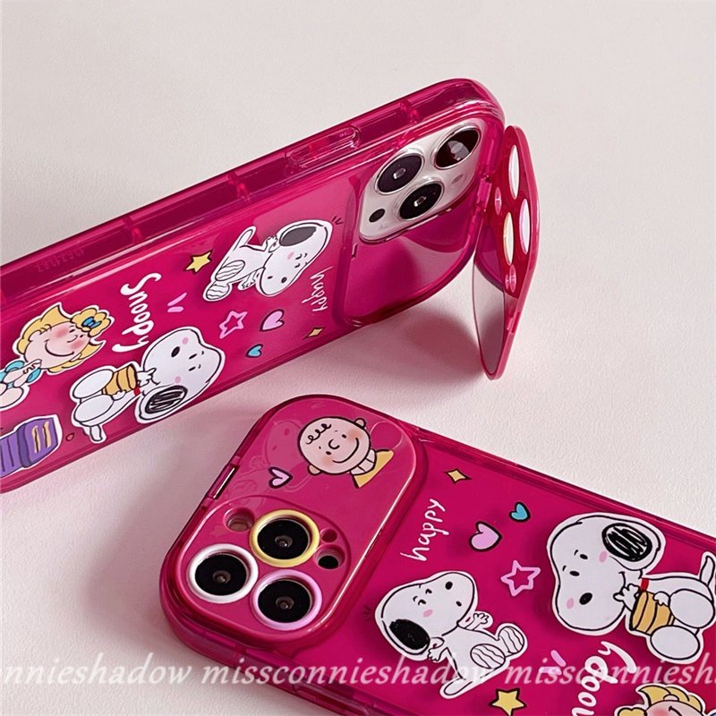 Casing Kartun Lucu Snoopy Charlie Brown Untuk Oppo A5s A7 A15 A12 A57 A53 A9 A5 A31 A33 2020 A15s A3s A77 A11K A35 A77S Rose Red Kreatif Flip Make Up Cermin Shockproof Soft Case