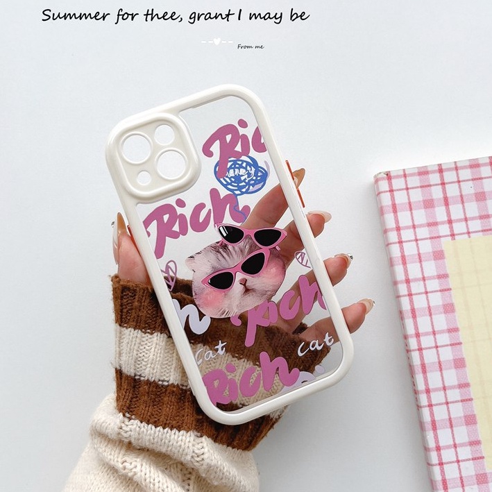 All New Cream Non-slip Camera Protect Soft Case IPhone X XR XS Max 11 12 13 14 Pro Max Women Girl Pretty Cute Glasses Cat Cartoon Phone Case