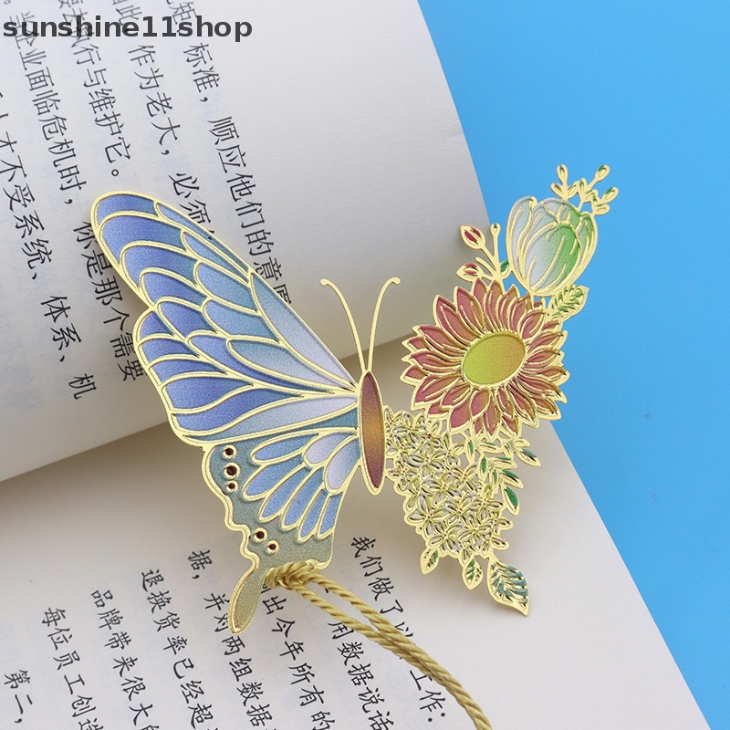 Sho Bookmark Bunga Kupu-Kupu Logam Gaya Cina Indah Berongga Rumbai Liontin Buku Klip Siswa Alat Membaca Perlengkapan Sekolah N