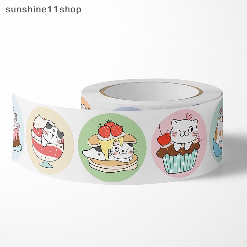 Sho 500pcs Stiker Kartun Kucing Label Perekat Bulat Untuk Anak Anak Hadiah Guru Bungkus Kado Bisnis Stiker Hias N
