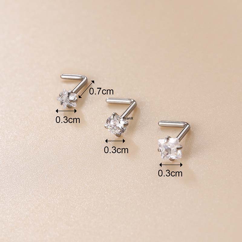 3biji/set Squre Bulat Bintang Bentuk L Tindik Hidung Bahan Stainless Steel 20Gauge Dengan Zircon
