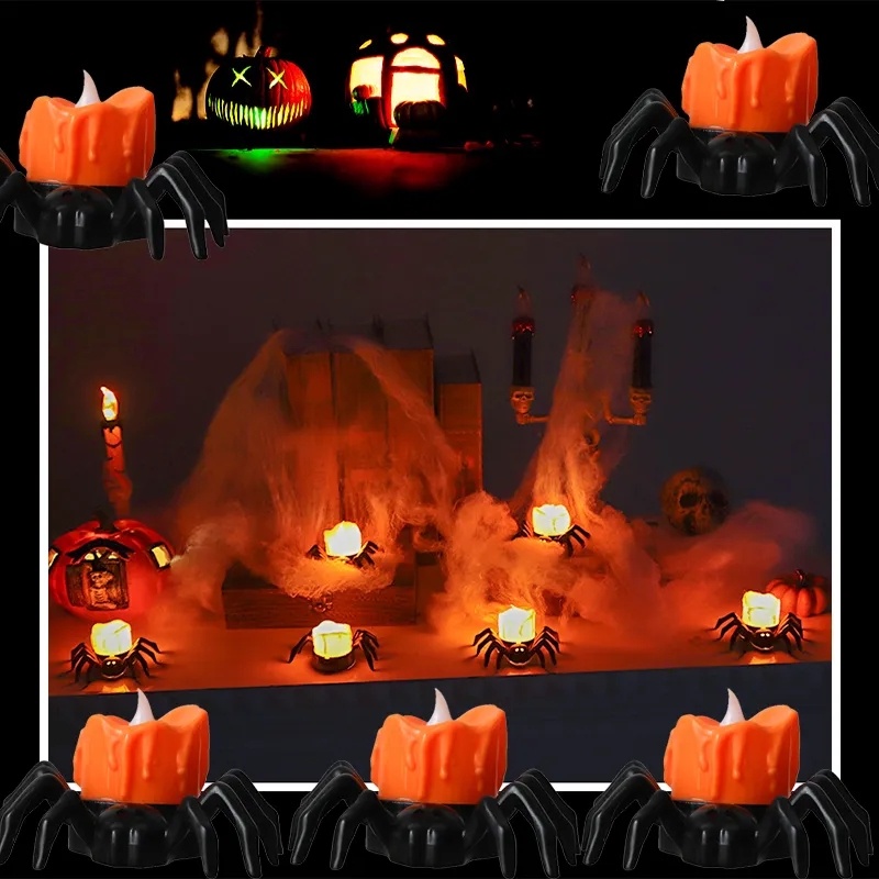 Lampu Lilin Elektronik Bentuk Laba-Laba LED Kreatif/ Lampu Malam Hias Tenaga Sel Tombol/ Halloween Horror Scene Setting Ambient Lights