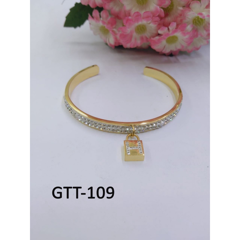 GELANG TANGAN TITANIUM EMAS GOLD MOTIF GEMBOK HURUF H PERMATA DIAM TERMURAH / DUNIA GELANG