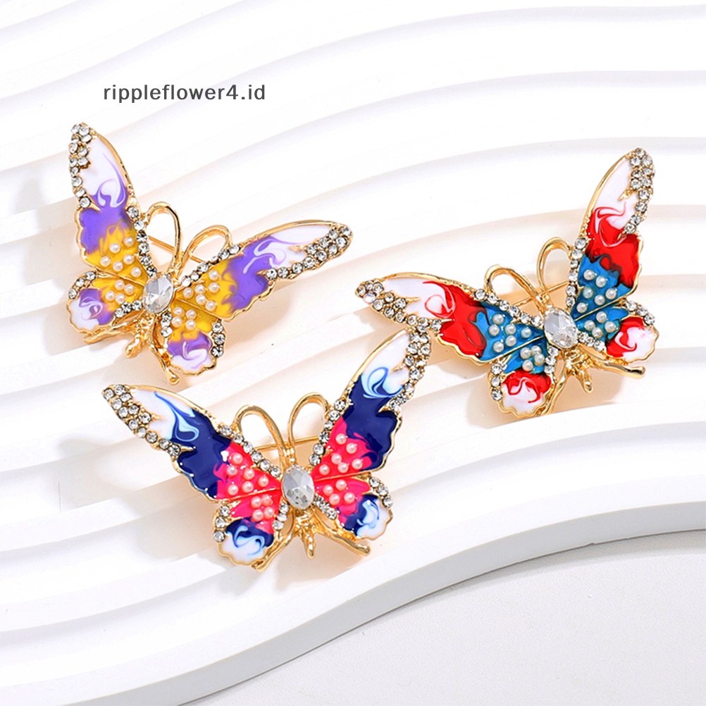 {rippleflower4.id} Wanita Enamel Kupu-Kupu Serangga Bros Pin Vintage Kristal Mutiara Bros Untuk Lady Perhiasan Pakaian Lencana Korsase~