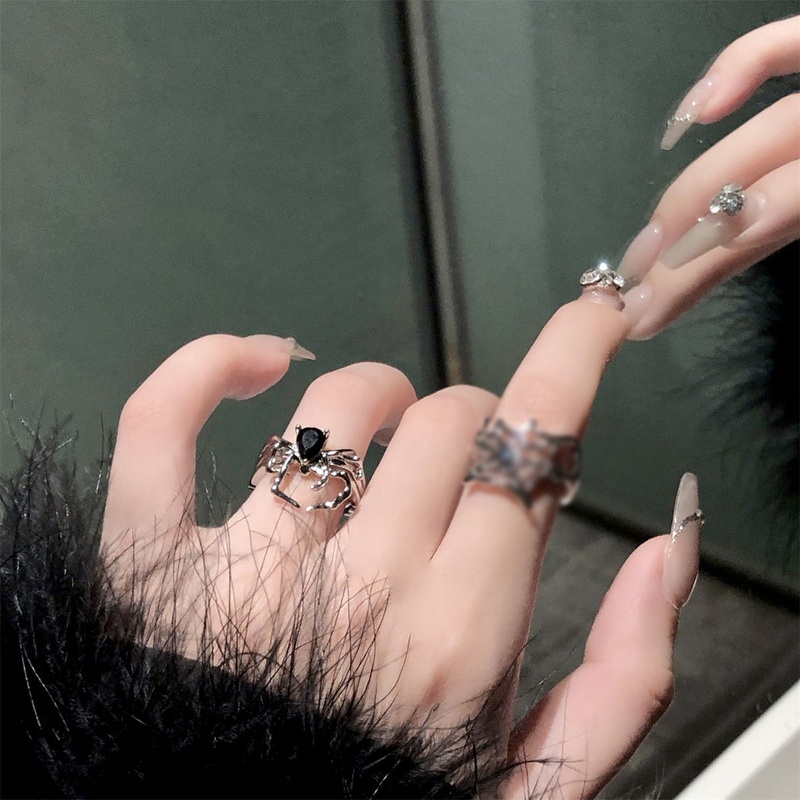 Gothic Punk Tidak Teratur Spider Webs Zirkon Pembukaan Cincin Wanita Hitam Kristal Gelap Hewan Rings Hip Hop Fashion Pesta Jari Perhiasan