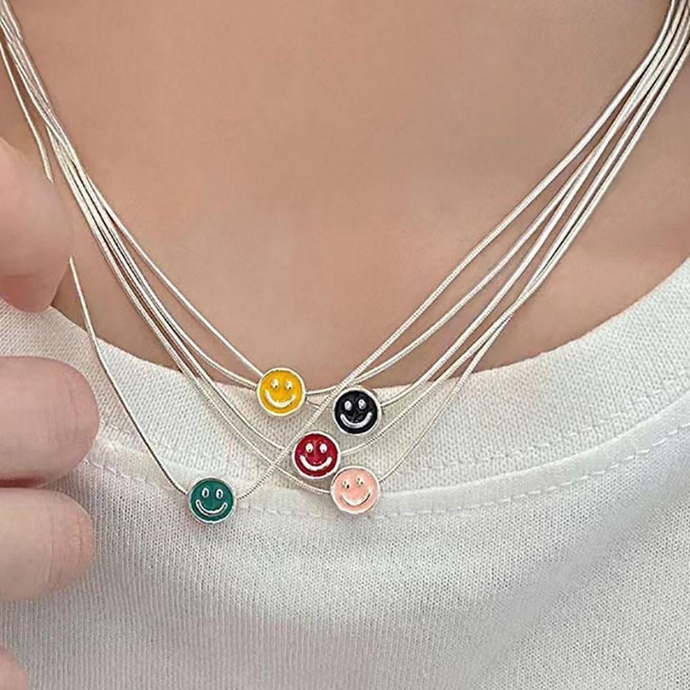 Mxbeauty Smiley Face Kalung Kepribadian Candy Color Way Dripping Oil Color Blocking Hadiah Wanita Alloy Stamp Necklace