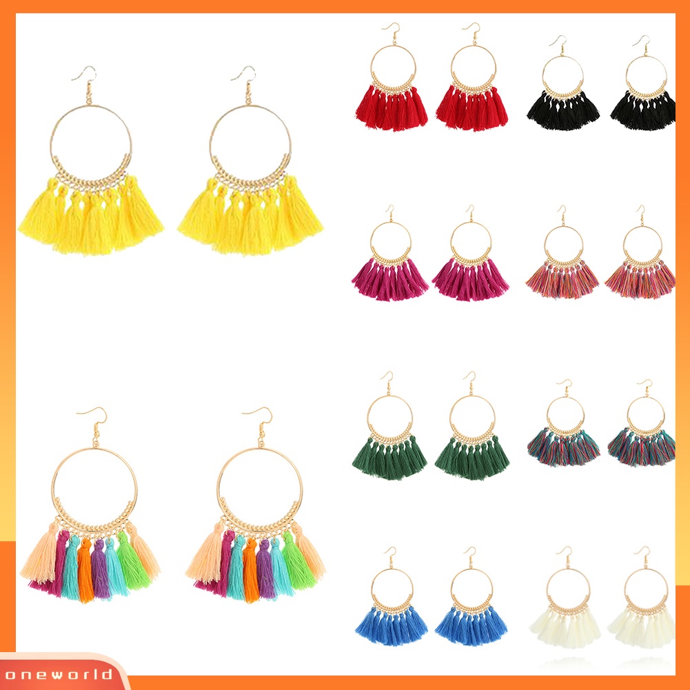 [WOD] Wanita Vintage Boho Besar Hoop Panjang Rumbai Fringe Menjuntai Kait Anting Perhiasan