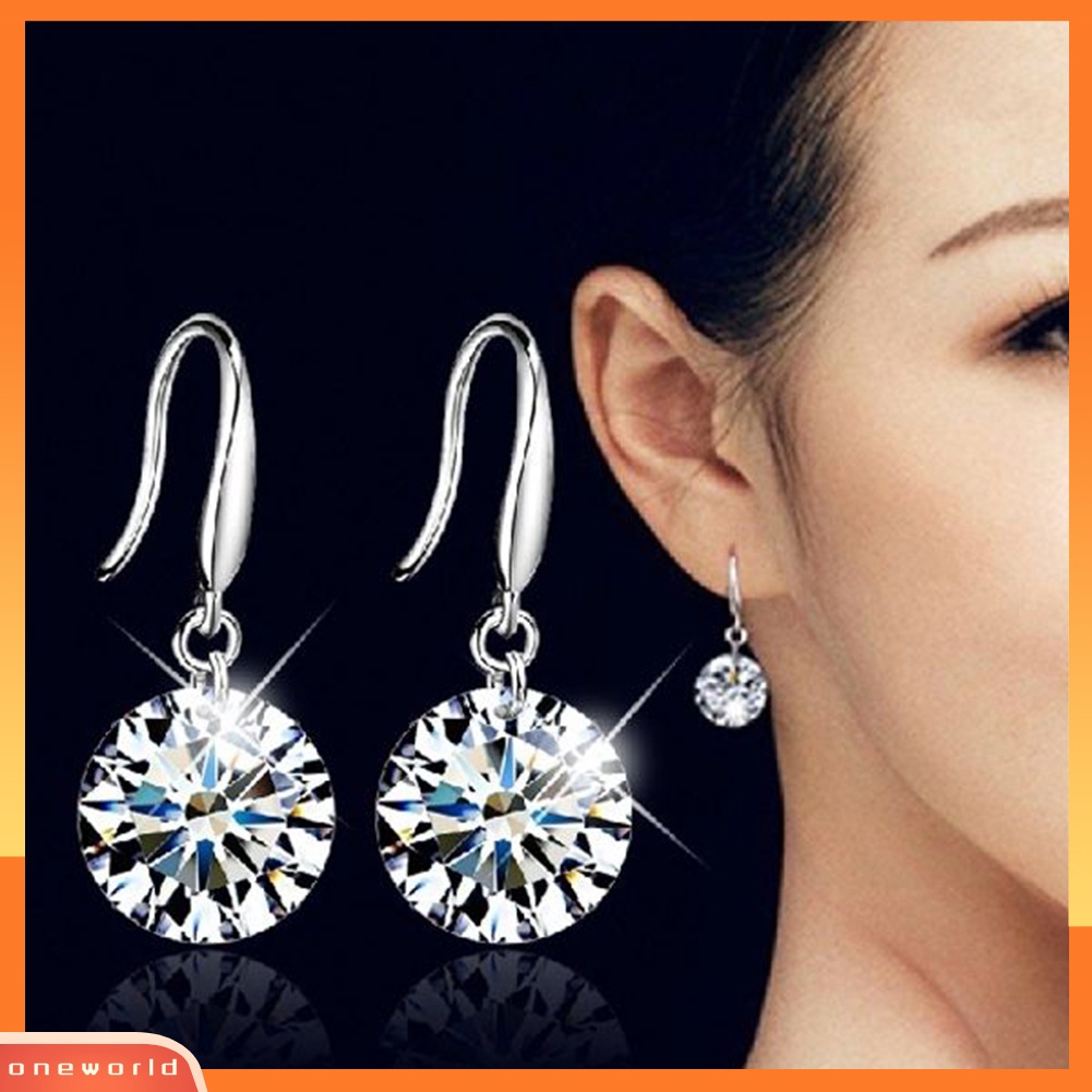 [WOD] Fashion Wanita Elegan Perak Berlapis Zirkon Bulat Telinga Stud Kait Anting Hadiah