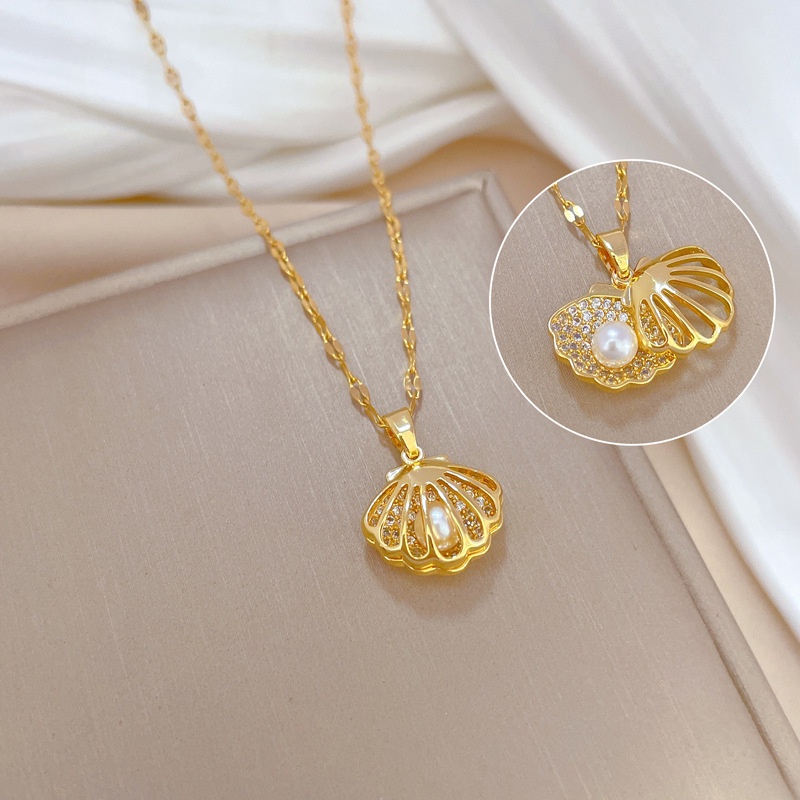 Kadar Tinggi Baru Indah Fashion Wanita Korea Zirkon Shell Liontin Emas Asli Kadar 375  Kalung Hadiah Pacar XL-23027