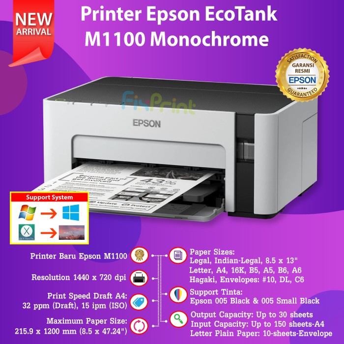 Epson Printer Mono M1100 M 1100 Printer Infus Pabrik Garansi Resmi