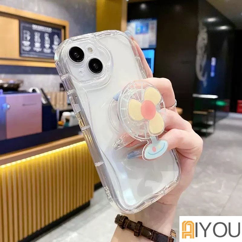 Kipas Rotated Holder Phone Case Untuk IPhone 13 12 14 11 Pro MAX 7 8 6 S Plus 11Pro X XR XS MAX SE 2020 14Plus Case Silikon Lembut Shockproof Gelombang Lurus Pelindung Stand Cover