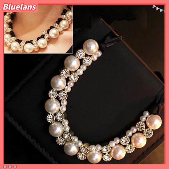 [BLS] Wanita Fashion Baris Ganda Mutiara Imitasi Adjustable Pita Rantai Choker Kalung