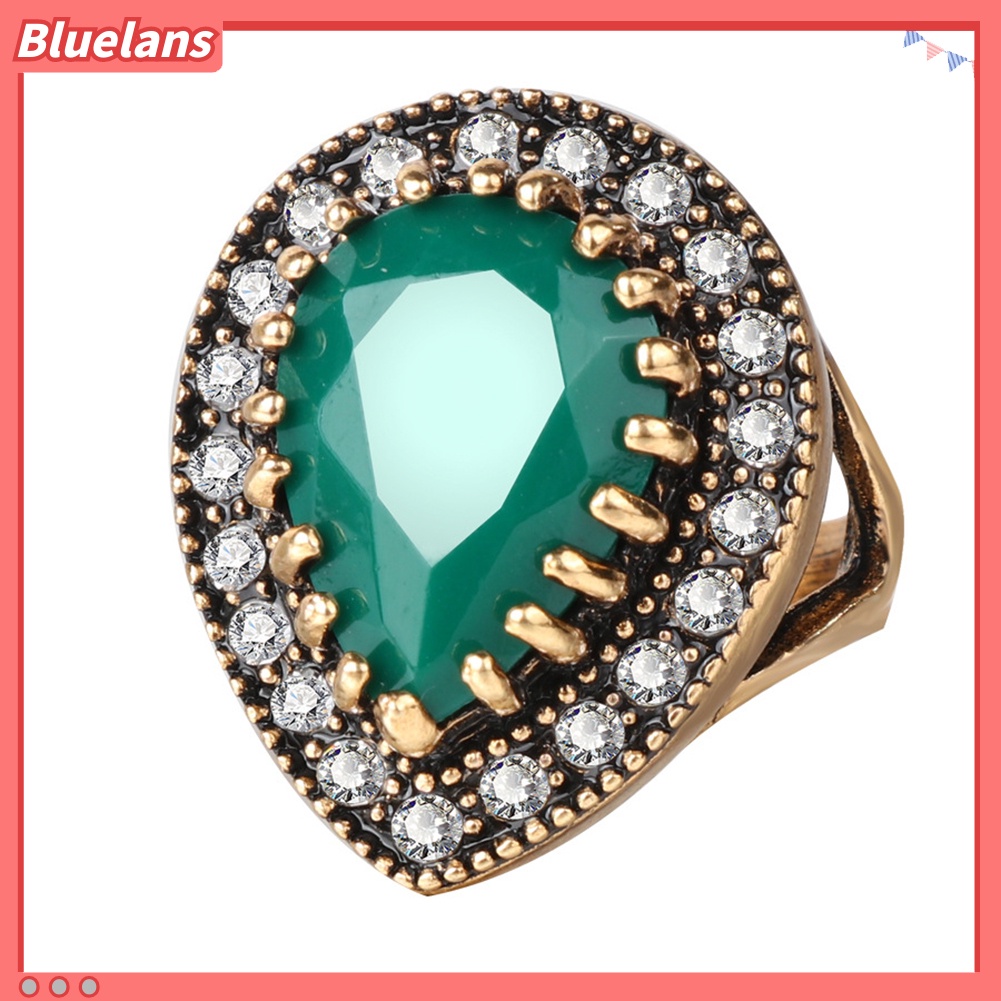 [BLS] Antik Teardrop Resin Berlian Imitasi Mengkilap Bertatahkan Jari Cincin Wanita Perhiasan Hadiah