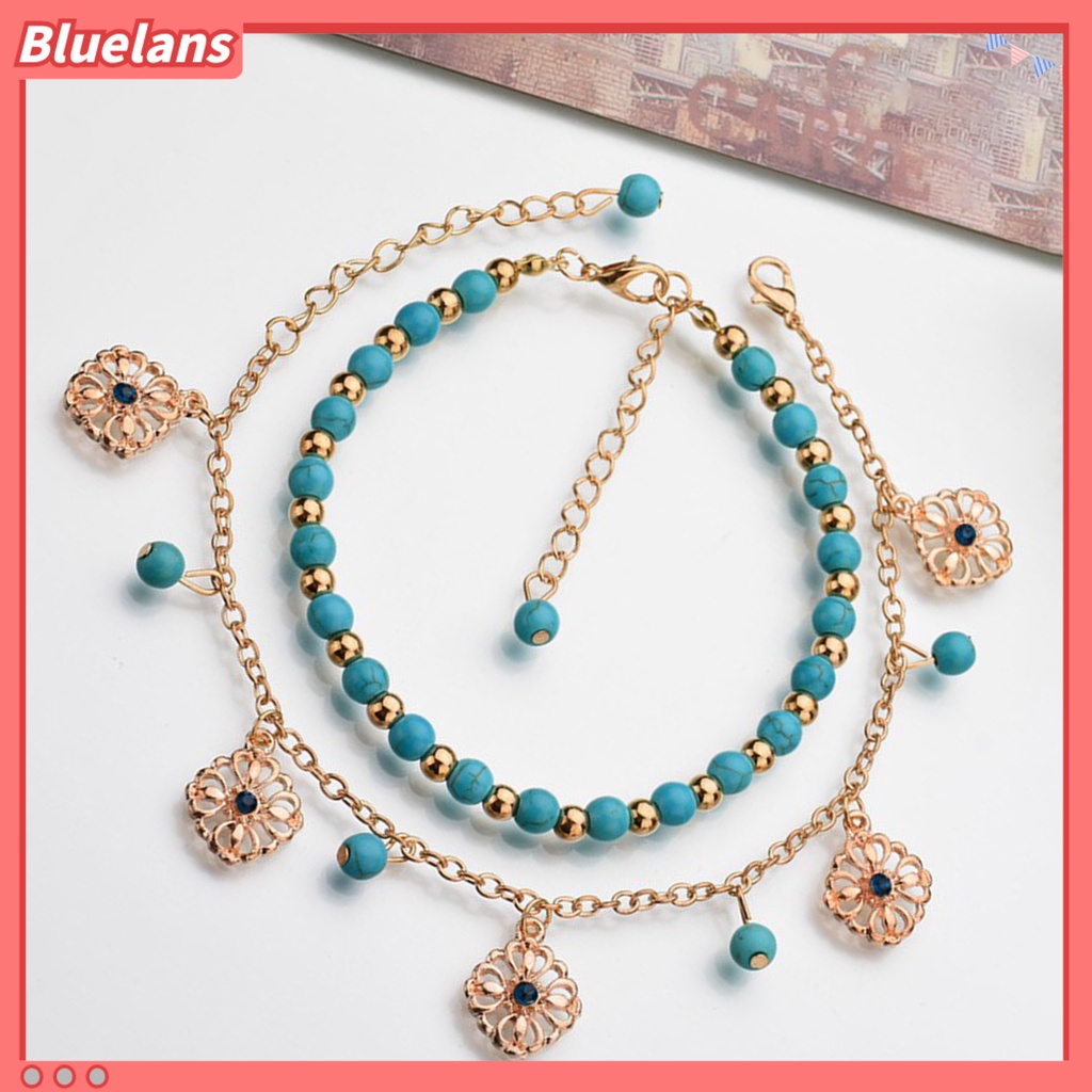 [BLS] 2pcs /Set Gelang Kaki Kristal Imitasi Adjustable Alloy Bohemian Faux Turquoise Bead Gelang Kaki Pantai Untuk Pantai