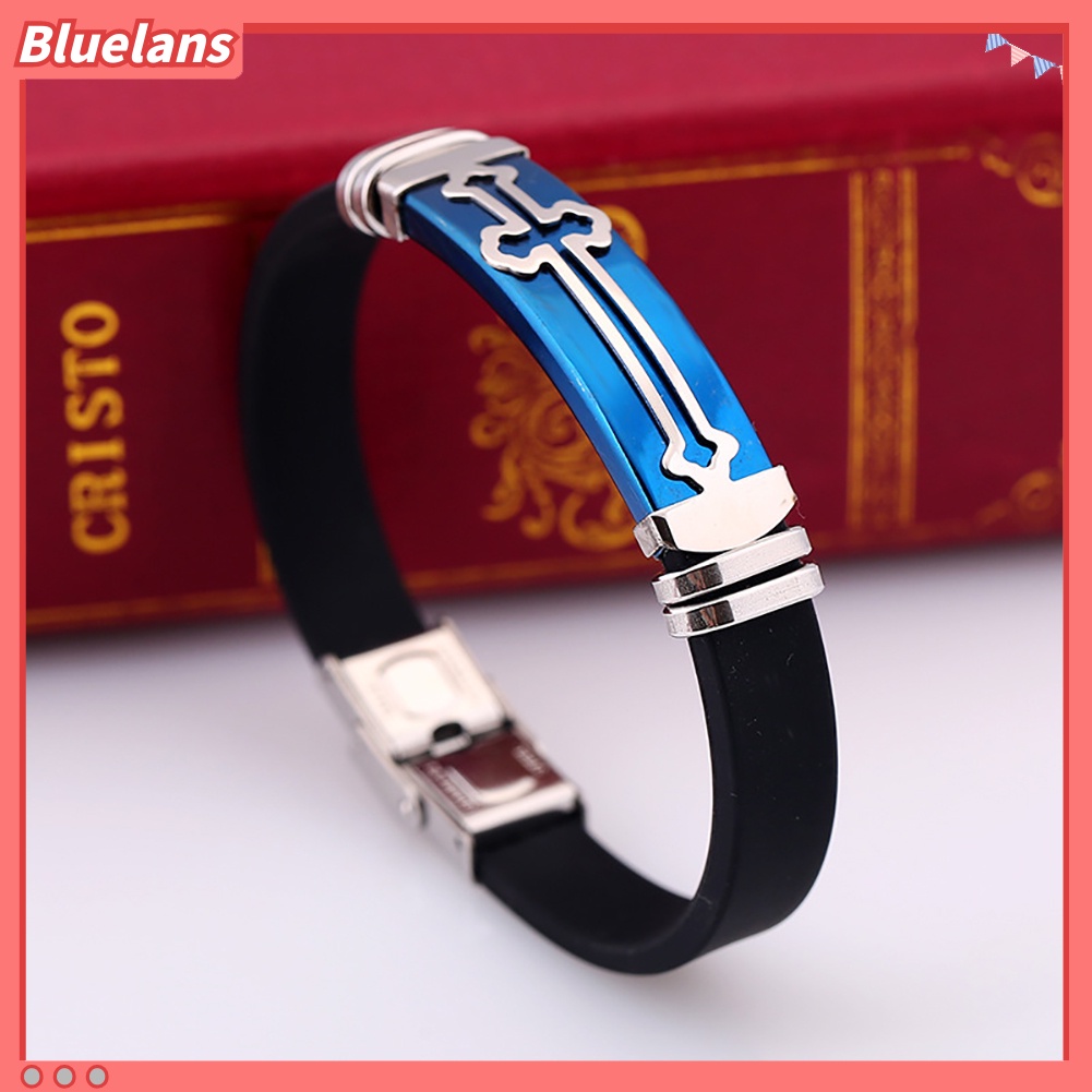 [BLS] Fashion Motif Salib Logam Silikon Band Pria Wrist Decor Gelang Bangle