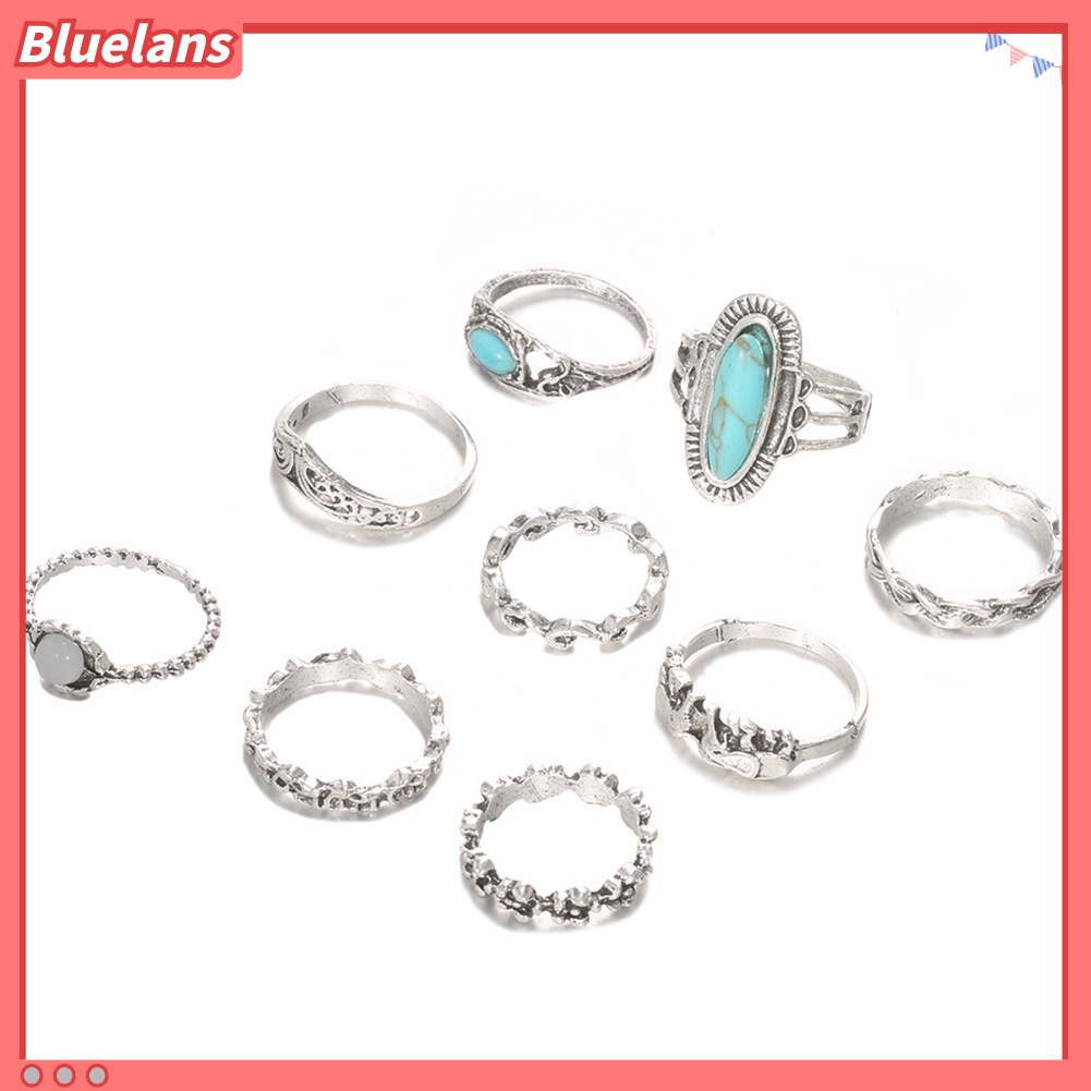 [BLS] 9pcs /Set Wanita Retro Bohemian Imitasi Turquoise Hias Jari Cincin Perhiasan Hadiah