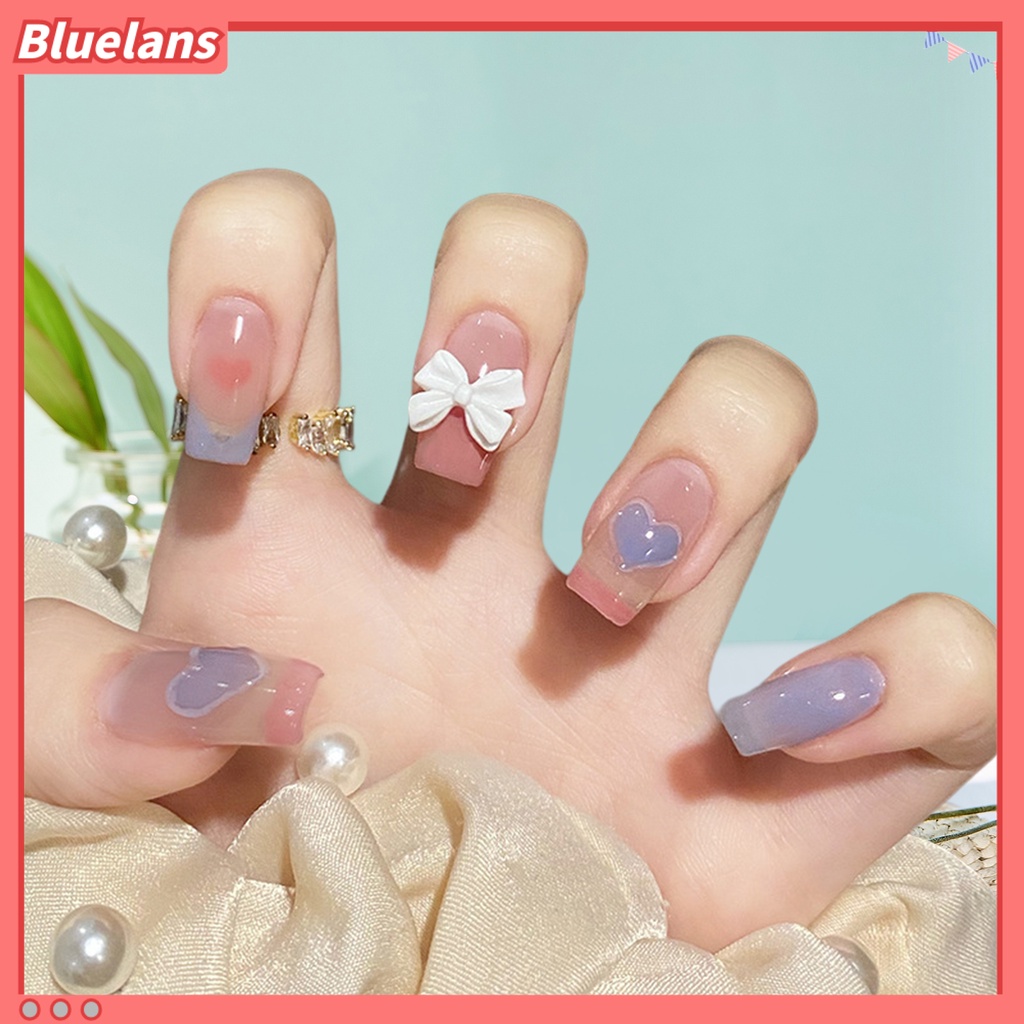 [BLM] 1set Kuku Buatan Penutup Penuh Gloss Tinggi Tahan Luntur DIY Mempesona Efek Visual Removable Bow Heart Fake Nail Dengan Lem Kuku Salon Supply