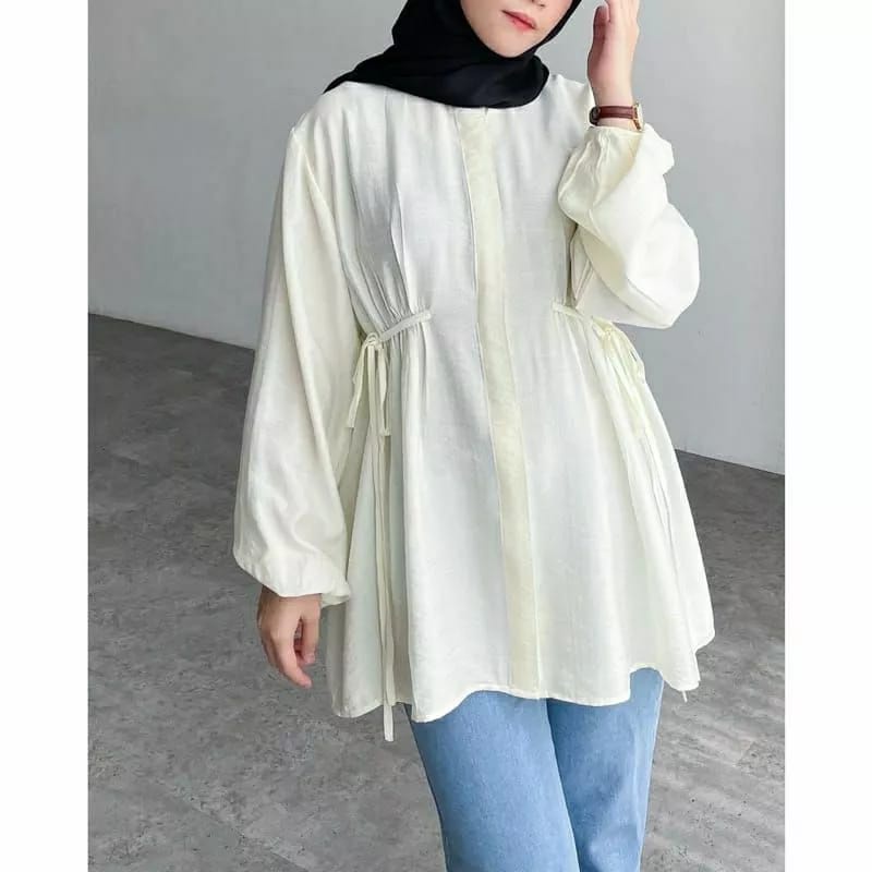 Kemeja Polos Wanita Tali Pinggang Kerut Aliza Pololinen terbaru kekinian wanita remaja polos putih hitam