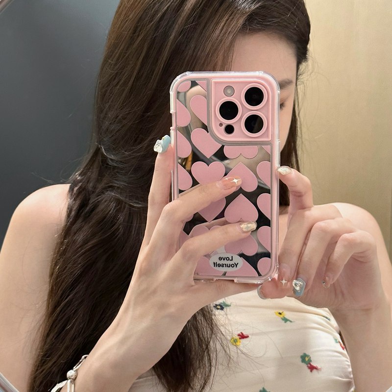 INS Pink Full Love Mirror Soft TPU Case iP iPhone 14 + Plus 11 12 13 Pro Max 2in1 FTD Girl Woman Casing Apple