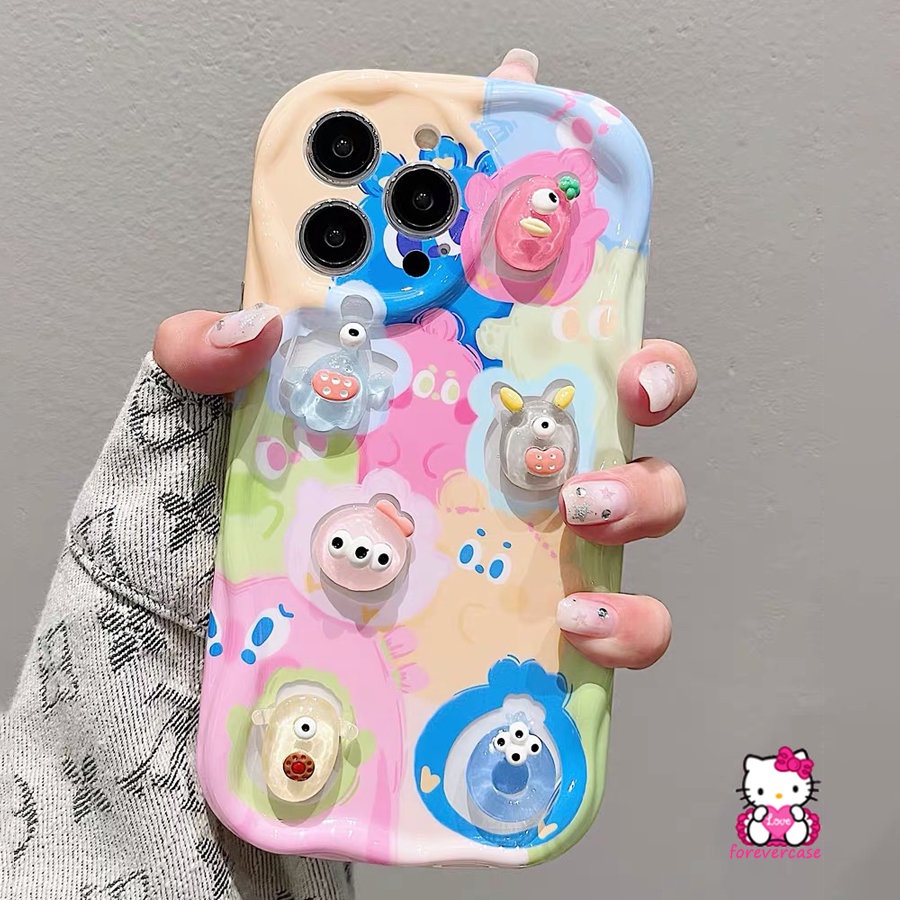 IPHONE Casing 3D Wavy Curved Edge Soft Glossy Kompatibel Untuk Iphone11 14 12 13 Pro Max 7 8 6 6s Plus XR XS X Max SE 2020 Kartun DIY Boneka Lucu Beruang Monster Star Rabbit Rainbow Phone Cover