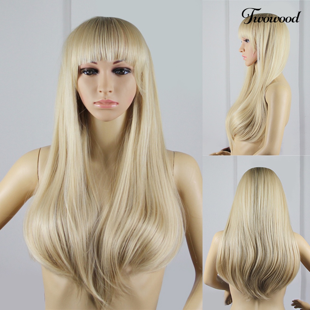 Twowood Modern Lady Golden Tone Poni Rapi Lurus Panjang Penuh Wig COSPLAY Club Sopak