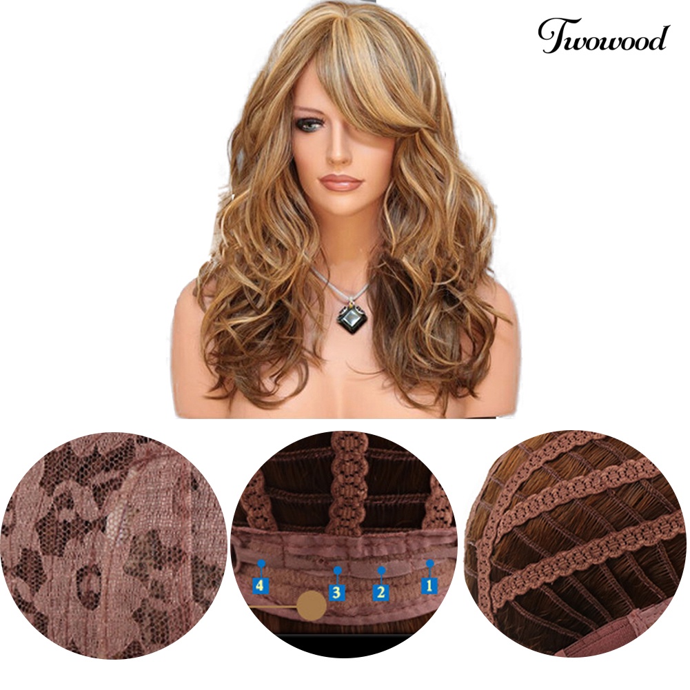 Twowood Fashion Wanita Sideswept Bangs Curly Panjang Full Wig Cosplay Pesta Sopak