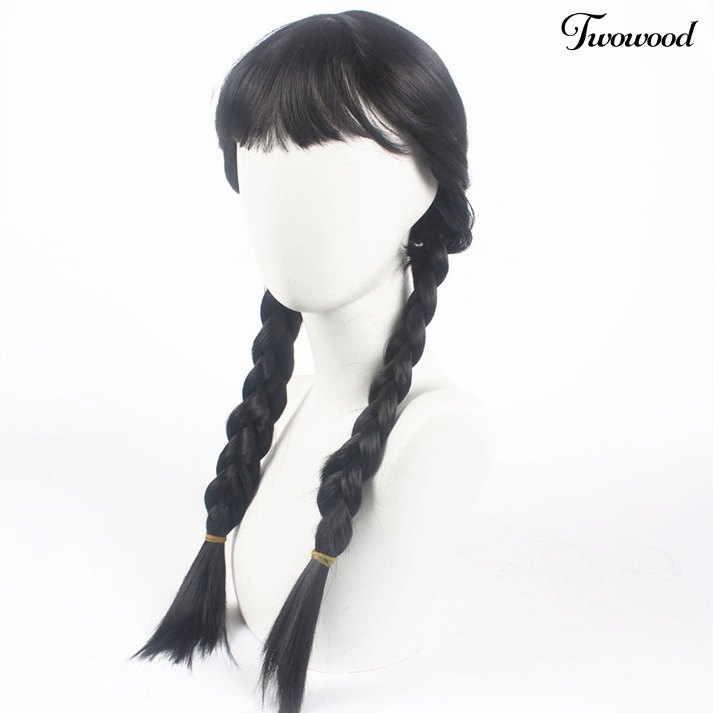 Twowood Cosplay Wig Simulasi Jangan Perm Halus Cakupan Penuh Bermain Peran Tanpa Simpul Panjang Hitam Kepang Rambut Dengan Poni Wanita Wig Pesta Supply