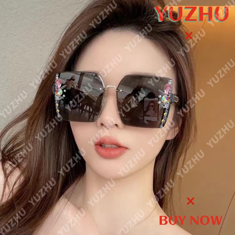 (YUZHU) Trendy Fashion Rimless Trimmed Sunglasses Square Diamond Shimmering Sunshade Untuk Wanita