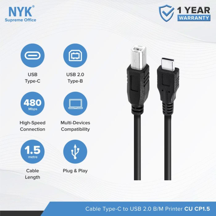 Kabel NYK Type-C to USB 2.0 Type-B 1.5M / Type C to USB Printer