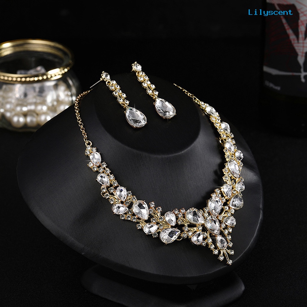 [LS]1 Set Pernikahan Anting Ekstensi Rantai Kristal Imitasi Hias Berlian Imitasi Dress Up Glitter Makan Malam Wanita Perhiasan Kalung Aksesori Perempuan