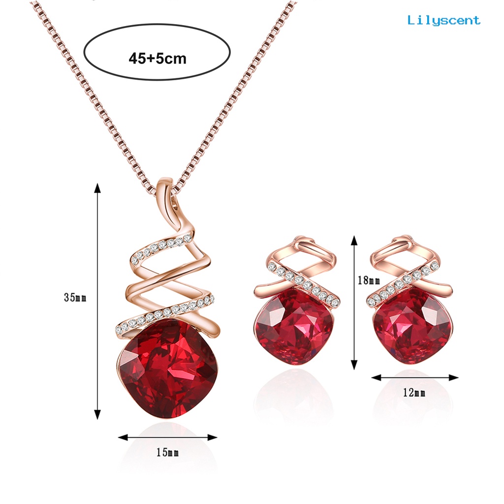 [LS]1 Set Wanita Kalung Geometris Cubic Zirconia Memutar Elegan Merah Persegi Berlian Imitasi Bertatahkan Stud Anting Kit Fashion Perhiasan