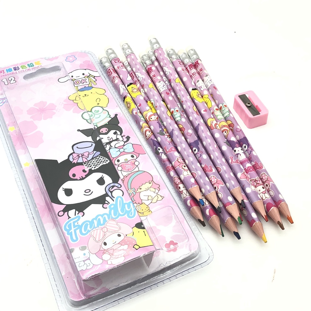 (12 WARNA) PENSIL WARNA HB ANAK SEKOLAH SANRIO TERBARU KUALITAS PREMIUM / SET PENSIL WARNA KAYU