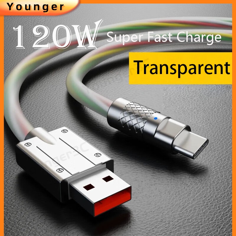 120w Kabel Pengisian Cepat Transparan Cairan Zinc Alloy Tipe C Cable Charger USB 6A Kabel Data Lampu Indikator