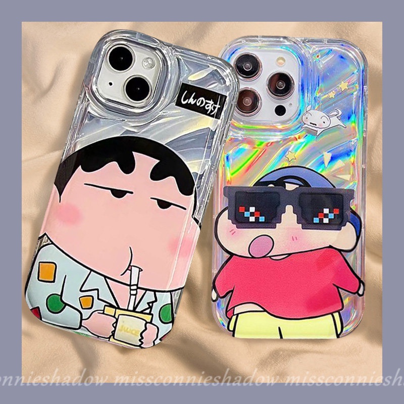 Kartun Case Kompatibel Untuk IPhone14 13 11 12 Pro Max6 8 6S Plus X XR 7Plus XS MAX SE 2020pakai Kacamata Hitam Crayon Shin-Chan Kreatif Kartu 3D Stereo Corrugation Cover