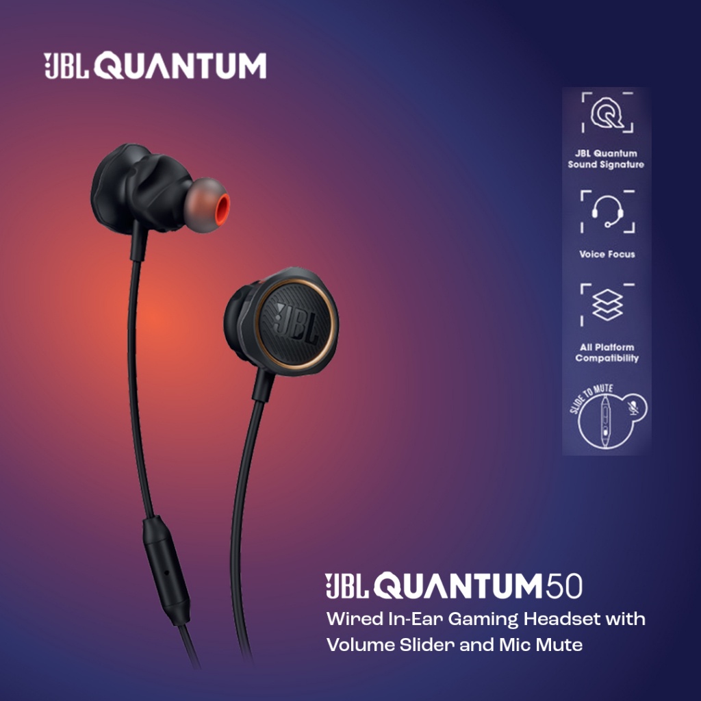 JBL Quantum 50 Wired In-Ear Gaming Headset with volume slider and mic mute - Garansi Resmi