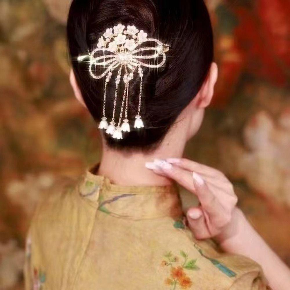 Needway Wanita Ponytail Holder Bow Knot Elegan Bell Bunga Anggrek Berlian Imitasi Alloy Gaya Cina Klip Rambut Untuk Hadiah Ulang Tahun