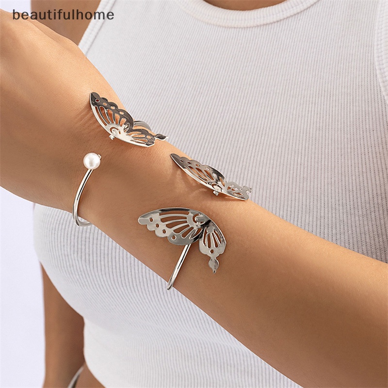 {beautifulhome} Fashion Berongga Kupu-Kupu Mutiara Terbuka Dapat Disesuaikan Gelang Set Perhiasan Pesta Wanita.