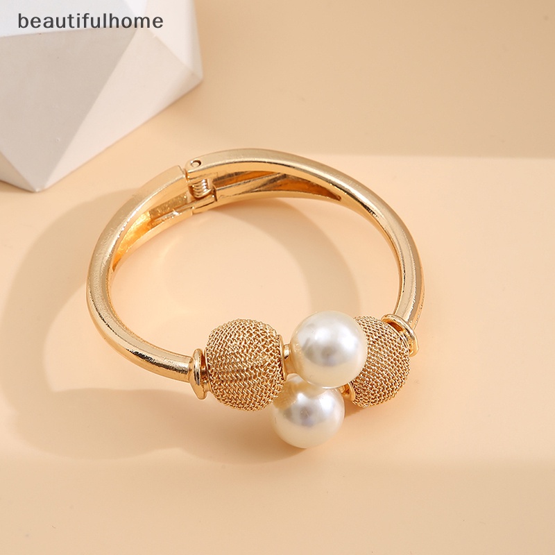 {beautifulhome} Mutiara Warna Emas Manset Gelang Bangles Terbuka Dapat Disesuaikan Untuk Wanita Trendi Pesona Gelang Bangles Pesta Perhiasan Hadiah.