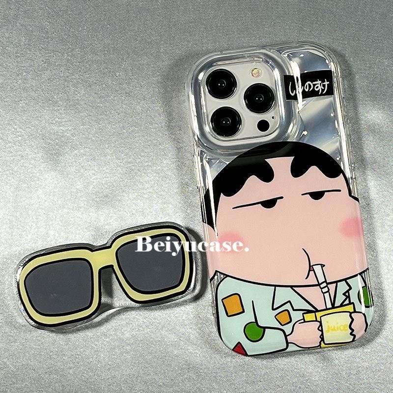 【Sunglasses Shin-chan】Cool Laser Wave Gradient Silver Airbag SoftCase IPhone 11 12 13 14 Pro Max X XR XS MAX 14 Plus Protect Case girl women's Fashion Cute Phone Case