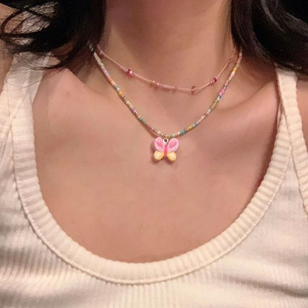 Mxbeauty Kalung Manik-Manik Bohemia Sweet Pink Ungu Dopamin Akrilik Y2K Choker Untuk Wanita