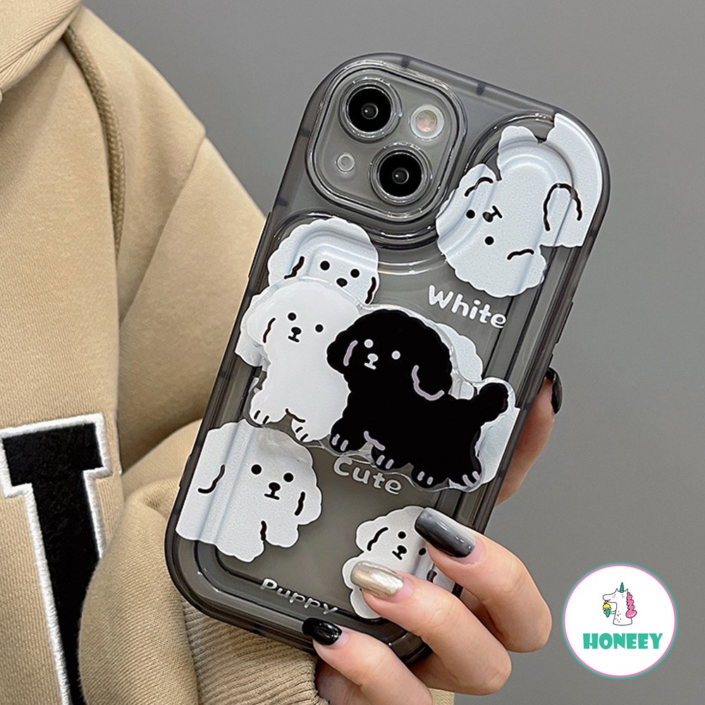 Fashion Hitam Putih Puppy Phone Case Kompatibel Untuk iPhone 14 Pro Max13 12 11 Pro Max Case iPhone 11xr Kartun Berdiri Lembut TPU Penutup Belakang