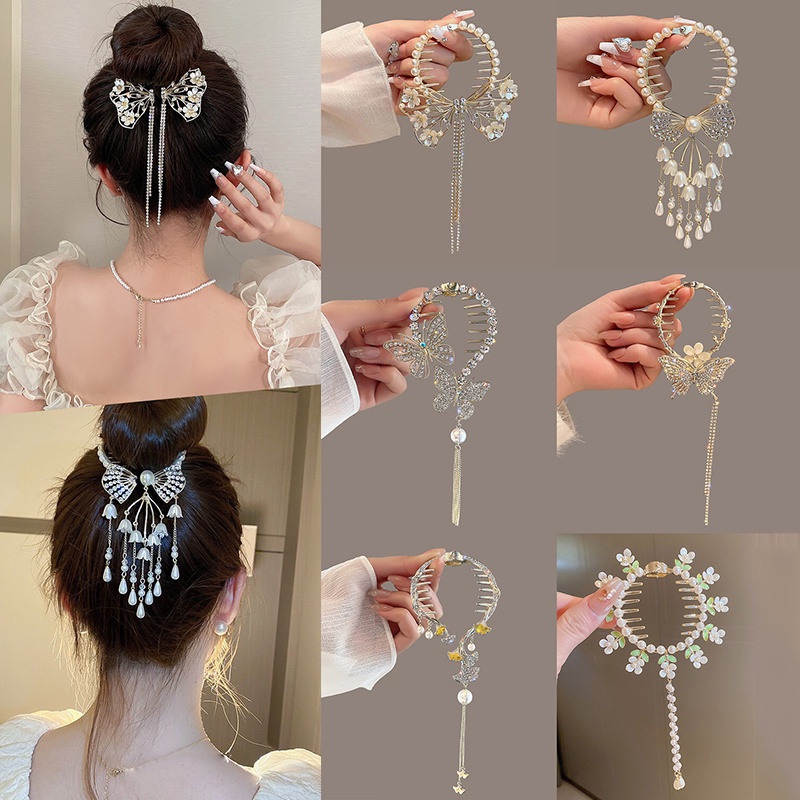 Alloy Mutiara Berlian Imitasi Bunga Rumbai Rambut Klip Fashion Ponytail Gesper Jepit Rambut Wanita Aksesoris Rambut