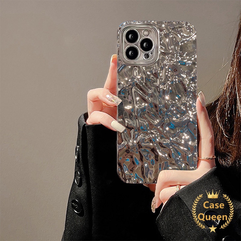 Ins Mewah Kreatif Electroplate Back Case Kompatibel Untuk IPhone XR XS X Max 7Plus 11 13 14 12 Pro Max7 6s 8 6 Plus SE 2020fashion Kreatif Perak Kerut Plating Cover