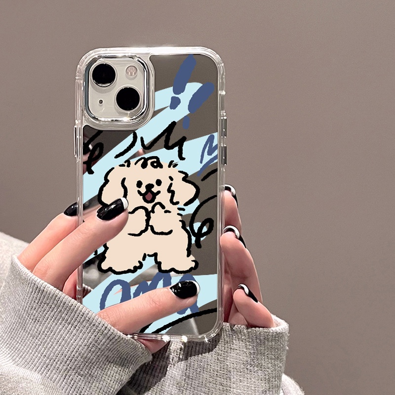 IPHONE Kartun Anjing Lucu Cermin Ponsel Case Kompatibel Untuk Iphone11 12 13 14 12Pro 13Pro 14Pro Pro Max XR X XS Max Electroplating Tombol Perlindungan Mirror Cover