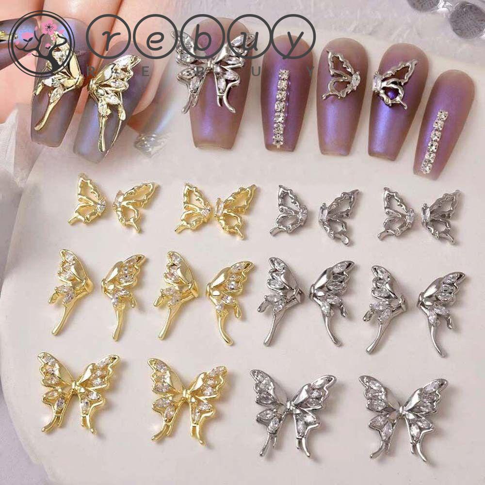 Rebuy Kupu-Kupu Hiasan Kuku Fashion Zirkon Pesona Kuku Emas Perak Korea Nail Art Nail Art Perhiasan Manicure Aksesoris