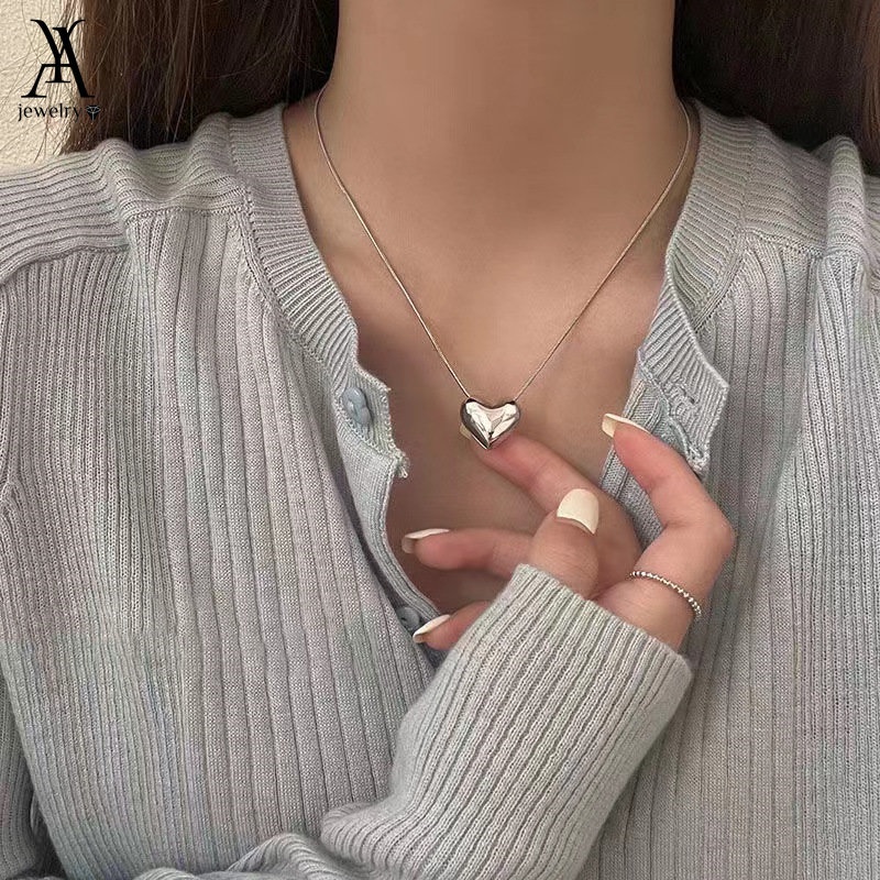 Ay(cn) Kalung Liontin Hati Sederhana Choker Rantai Titanium Steel Silver Untuk Aksesoris Perhiasan Wanita