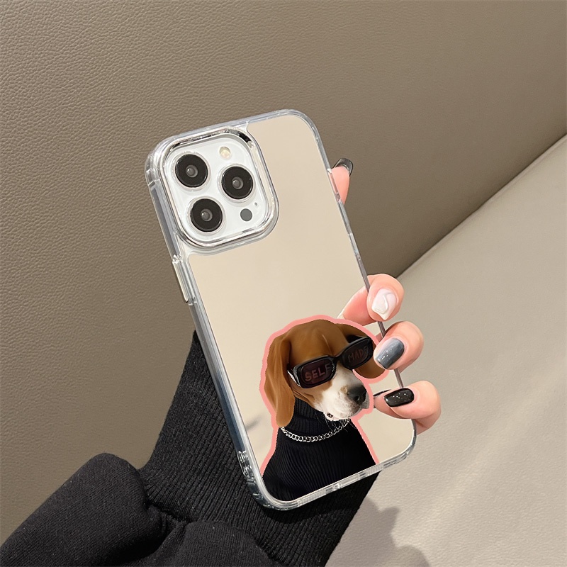 IPHONE Kacamata Hitam Keren Dog Mirror Phone Case Kompatibel Untuk Iphone11 12 13 14 12Pro 13Pro 14Pro Pro Max XR X XS Max Electroplating Tombol Perlindungan Mirror Cover