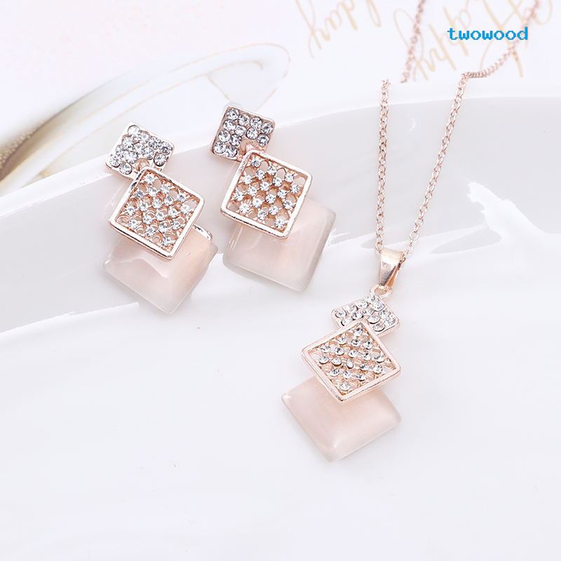 Twowood Fashion Berongga Persegi Berlian Opal Set Anting Kalung Perhiasan