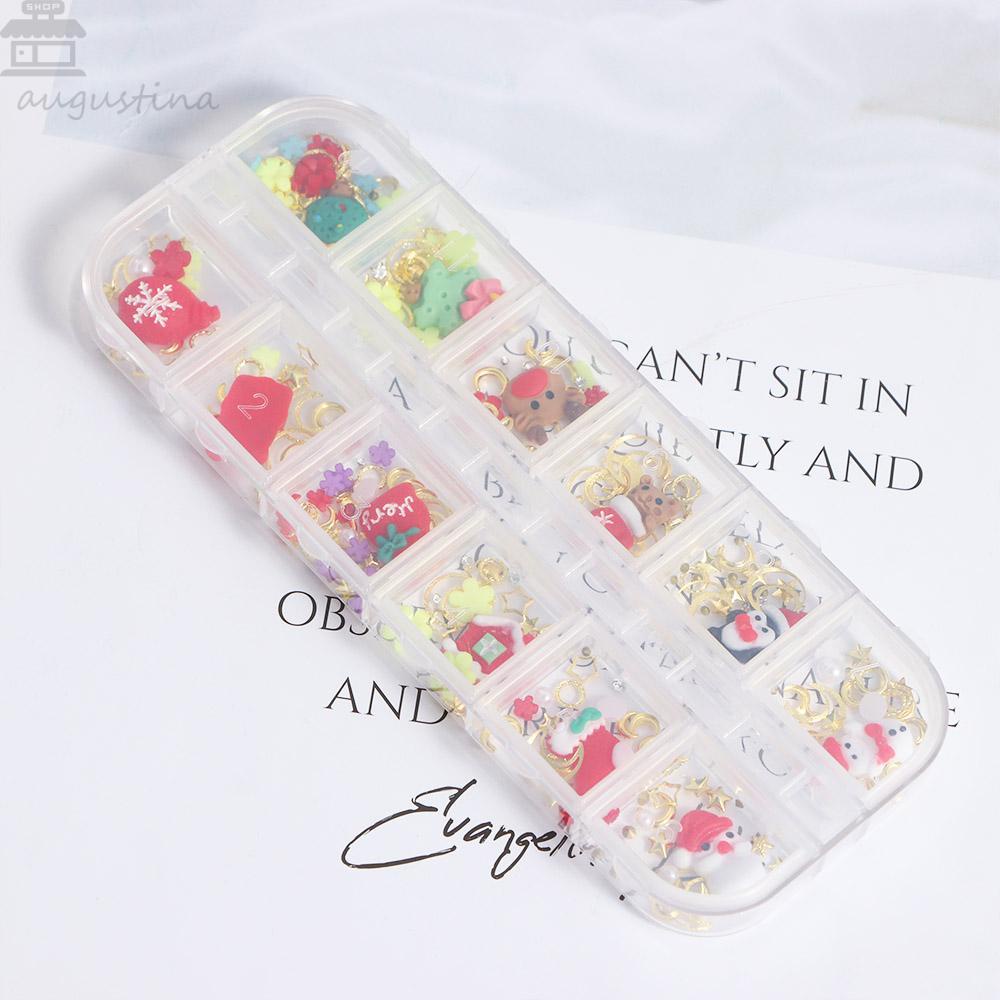 AUGUSTINA Agustinina Natal Pesona Kuku Santa DIY Manicure Aksesori Hiasan Kuku Bulan Bintang Xmas Pohon Perhiasan Kuku Nail Charm Rivet Set