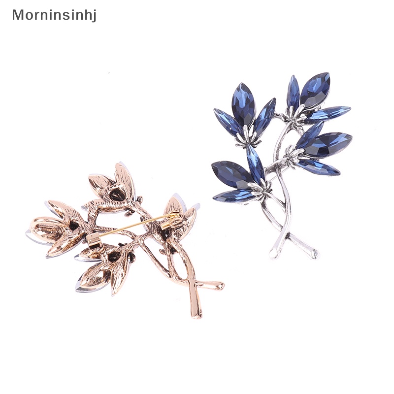 Mornin Biru/Red Sparlking Rhinestones Bros Pin Bunga Wanita Fashion Bros Daun Lencana Trendi Perhiasan Hadiah id